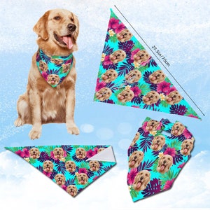 May include: A golden retriever dog wearing a blue and pink bandana with a tropical print featuring a dog's face. The bandana is 22.5 inches long. There are three additional bandanas in the image, all with the same tropical print.