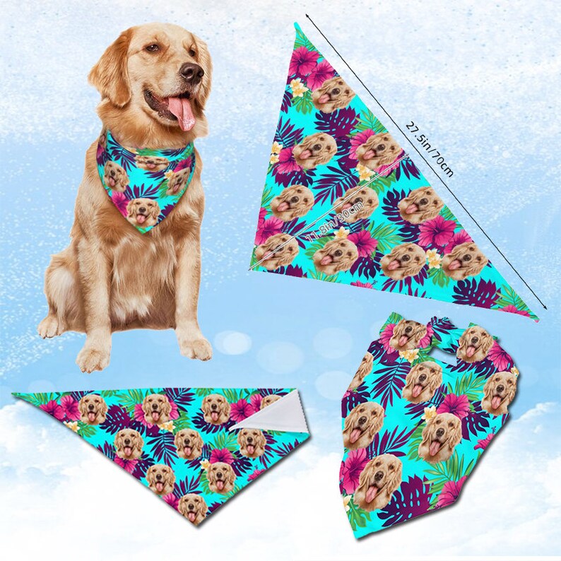 May include: A golden retriever dog wearing a blue and pink bandana with a tropical print featuring a dog's face. The bandana is 22.5 inches long. There are three additional bandanas in the image, all with the same tropical print.
