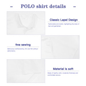 May include: Close-up details of a white polo shirt, highlighting the classic lapel design, fine sewing, and soft material. The text "POLO shirt details", "Classic Lapel Design", "fine sewing", and "Material is soft" is visible in the image.