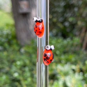 May include: Two red and black ladybug glass charms on a clear glass drinking straw.