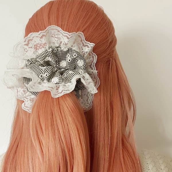 Scrunchie Large Lace Scrunchy - Maiden trim Ruffle scrunchies 'Brunch Date' | hair accessories gift | XL XXL jumbo frilly black gingham
