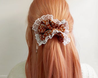 Scrunchie Large Lace Scrunchy - Maiden trim Ruffle scrunchies 'Balloon Flowers' | hair accessories gift | XL XXL jumbo frilly brown flower