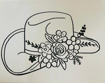 Pre gezeichneter Blumen Cowboyhut | Country-Thema malen Party | Cowboyhut vorgezeichnet mit Blumen | Skizziert DIY Leinwand | Predesigned Paint Party Art