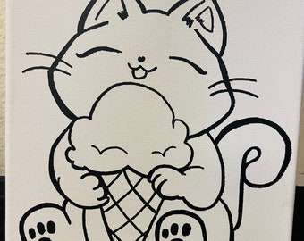Pre drawn Cute Kawaii Cat Canvas | Cat Eating Ice Cream | Pre-drawn cat canvas  | Ready to paint canvas |Outlined cat art | Cat lovers gift