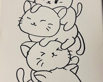 Pre drawn Kawaii Cats | DIY Canvas Pile of Cats | Pre-drawn cat canvas  | Ready to paint canvas |Outlined cat art | Cat lovers gift