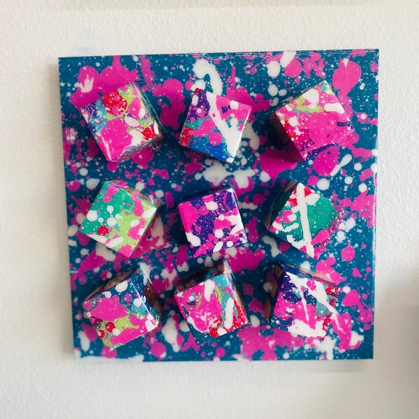 Resin Block Art | Wood Cube Art | Small Mixed Media | Splash Artwork | Paint Drip Art | Wall Hangings | Pop Art | 3D Artwork | Small Artwork