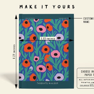 May include: A notebook with a floral pattern. The cover displays a blue backdrop with orange, pink, and purple flowers and green leaves. The notebook measures 21 cm high and 14.8 cm wide. The text on the cover reads "Thoughts in Bloom".
