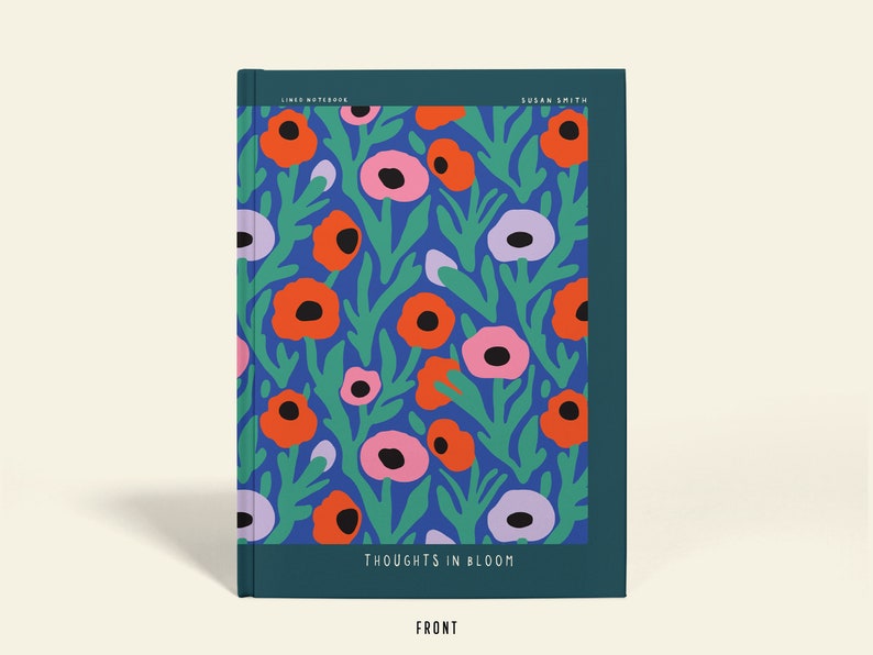 May include: A notebook with a floral pattern. The cover has a blue backdrop with orange, pink, and purple flowers and green leaves. The text "THOUGHTS IN BLOOM" is at the bottom of the cover.
