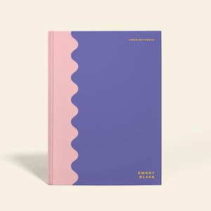 May include: A lined notebook with a purple cover and a pink wavy design on the left side. The text "LINED NOTEBOOK" is at the top, and "EMERY BLAKE" is at the bottom. The word "PERSONALIZABLE" is on the right side.