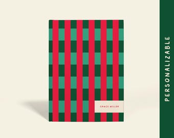 Personalized Red and Green Striped Holiday Notebook | Stocking Stuffer Gift