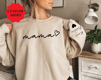Benutzerdefiniertes Mama-Sweatshirt mit Kindername auf dem Ärmel, personalisiertes Mama-Sweatshirt, minimalistischer Mama-Hoodie, Geschenk für sie, Weihnachtsgeschenk für Mama