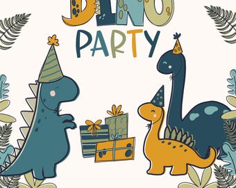 Dinosaur Party SVG Bundle, Dino Birthday Invitation SVG Files for Cricut, Cute Dinosaur PNG for Sublimation, Favors, Party Decor