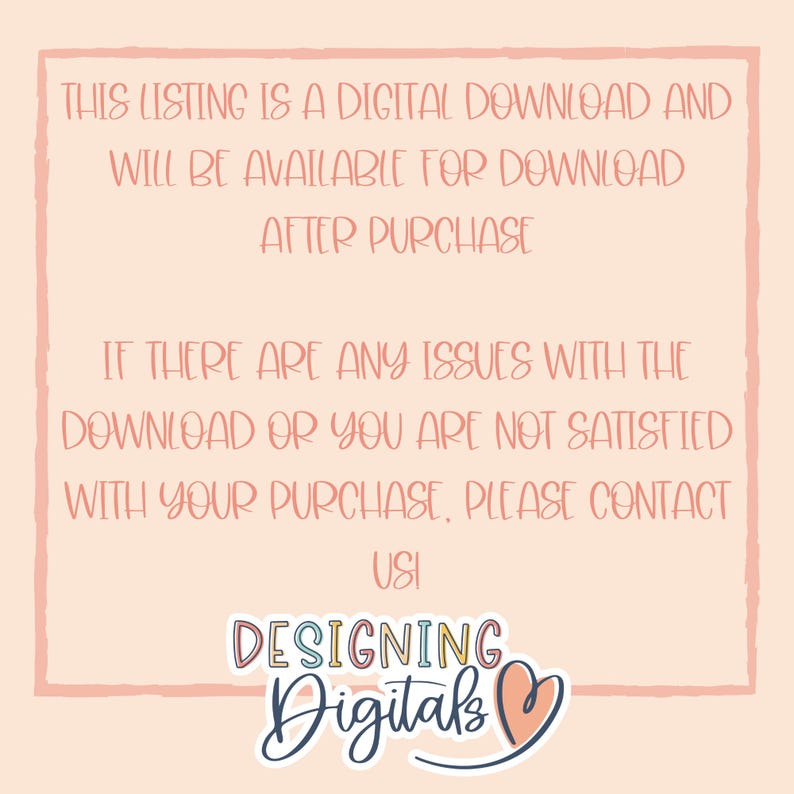 Puede incluir: Un fondo rosa con un borde blanco y texto que dice "Esta lista es una descarga digital y estar&aacute; disponible para descargar despu&eacute;s de la compra. Si hay alg&uacute;n problema con la descarga o no est&aacute; satisfecho con su compra, p&oacute;ngase en contacto con USI Designing Digitals."