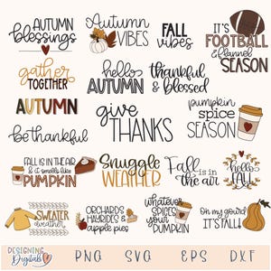 Puede incluir: Un conjunto de 16 imágenes digitales de clipart con varios temas otoñales y diseños. Las imágenes incluyen frases como "Bendiciones de otoño", "Vibraciones otoñales", "Reunirse juntos", "Hola otoño", "Agradecido y bendecido", "Dar gracias", "Temporada de especias de calabaza", "El otoño está en el aire", "Clima para acurrucarse", "Huertos, paseos en carreta y tartas de manzana", "Lo que sea que condimente tu calabaza", "Clima de suéter", "¡Oh, mi calabaza, es otoño!" y "Es la temporada de fútbol y franela". Las imágenes están en una variedad de estilos, incluyendo dibujo a mano, caligrafía y arte digital. Las imágenes son perfectas para usar en manualidades, scrapbooking y otros proyectos creativos.