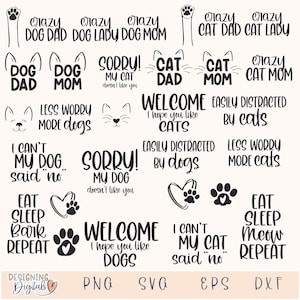 Paquete SVG divertido de perros y gatos, archivos SVG de mamá perruna para Cricut, diseño de loca por los gatos, PNG de huellas de patas para sublimación, regalo para amantes de los perros y los gatos