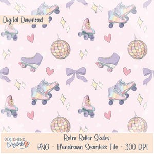 May include: A digital download featuring a repeating pattern of retro roller skates in pastel colors, disco balls, bows, hearts, and stars on a pink background. The text "Retro Roller Skates" and "Digital Download" are also present.
