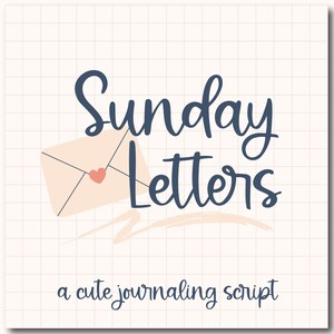 May include: A square graphic with the words "Sunday Letters" in a dark blue script font. An illustration of a beige envelope with a pink heart is next to the text. Below the text is the phrase "a cute journaling script" in a smaller, dark blue font.