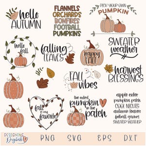 May include: A set of 12 fall-themed digital clipart images in SVG, PNG, EPS, and DXF formats. The images feature pumpkins, leaves, and text such as "hello autumn", "falling leaves", "happy fall", "fall vibes", "harvest blessings", and "the cutest pumpkin in the patch".