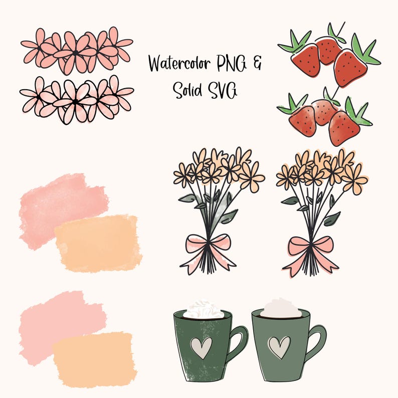 Puede incluir: Un conjunto de ilustraciones digitales con dise&ntilde;os de acuarela y SVG s&oacute;lidos. El conjunto incluye dos ramos de flores, dos tazas de chocolate caliente, dos coronas de flores y un racimo de fresas.