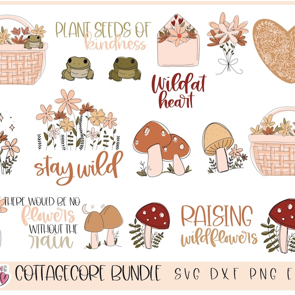 Cottagecore mushroom SVG Bundle, Wildflower SVG, Frog Sticker, whimsical decor, Botanical Heart Tshirt