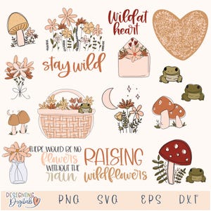 Cottagecore mushroom SVG Bundle, Wildflower SVG file for Cricut, Cute Frog PNG Sticker, Botanical Heart Tshirt Sublimation
