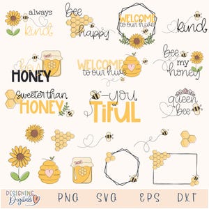 Cute Honey Bee SVG Bundle, Honeycomb Cricut SVG Files for Cricut, Queen Bee PNG for Tshirts, Sublimation, Stickers, Doodle Sunflower Clipart
