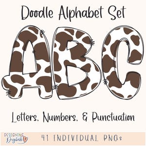 Letras de Doodle de Estampa de Vaca Marrom PNG, Alfabeto de Sublimação de Estampa de Vaca Country Western, Clipart de Estampa de Animal de Fazenda para Camisetas, Adesivos e Mais