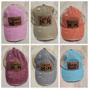 Football Mom, Cheer Mom, Baseball Mom, Basketball Mom, Soccer Mom, Dance Mom, Women&#39;s Ponytail Hat, Trucker Hat, Leatherette Patch Hat