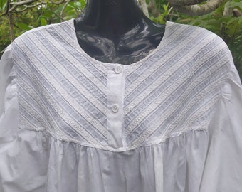 Olivia - Vintage cotton white nightgown with "v" shaped yoke and long sleeves elasticated at wrist