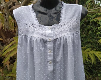 Amy - White Self dotted 100% cotton voile -  Sleeveless Nightgown with tiered skirt