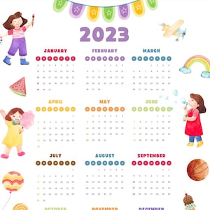Playful kids illustration calender 2023 large poster print 18x24 inches