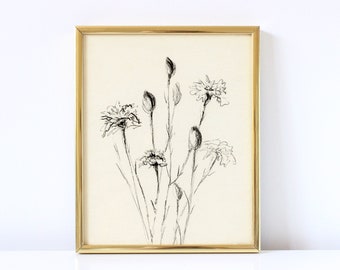Könnte beinhalten: Eine Schwarzweiß-Bleistiftzeichnung eines Blumenstraußes in einem goldenen Rahmen. Die Blumen sind stilisiert und haben ein schlichtes, elegantes Design.