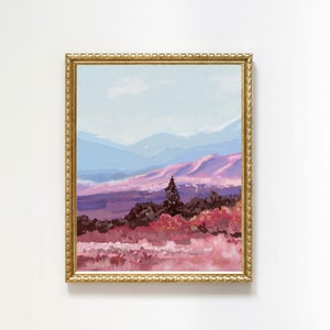 Pink Landscape print colorful vibrant landscape wall art pink art Modern mountain landscape spring mountain painting