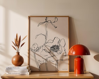 Peony print line art minimal floral decor black flower