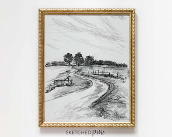 Midwest Landscape Art Print: Charcoal Pencil Sketch black and white art