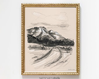 Könnte beinhalten: Eine Schwarzweiß-Skizze einer Bergkette mit einer Straße, die durch sie führt. Die Skizze ist in einem goldenen Rahmen gerahmt und trägt den Text "SKETCHED pine" am unteren Rand.
