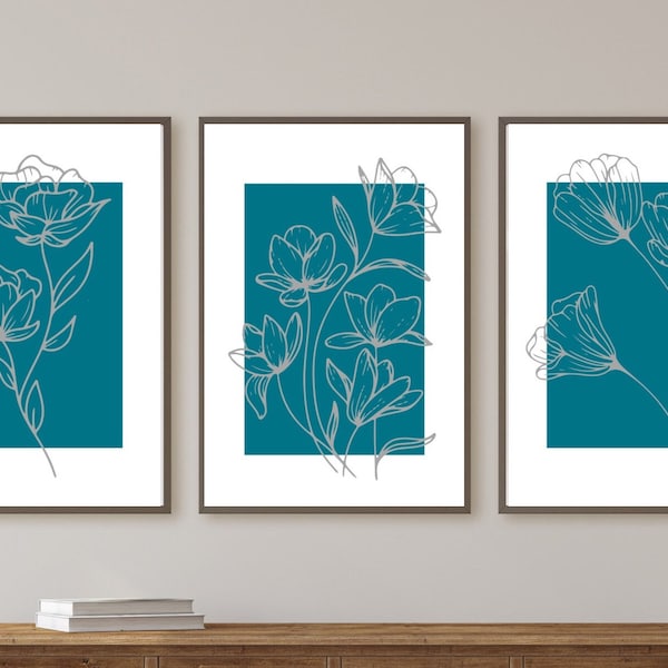 Minimalist Wall Print Set, Floral Wall Prints, Line Art, Teal Home Decor, Boho Home Decor, Wall Decor, Instant Download Art with Flowers