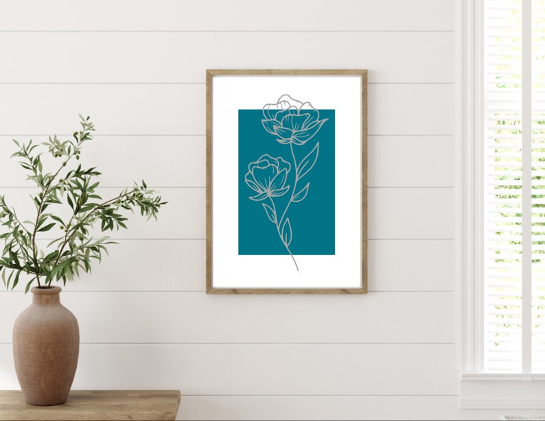 Minimalist Wall Print Set, Floral Wall Prints, Line Art, Teal Home