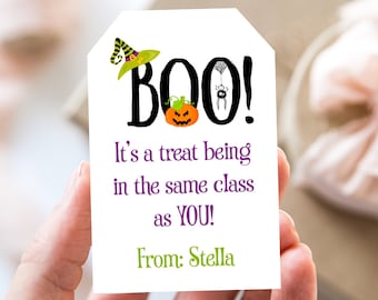 May include: A white gift tag with a black and green witch hat, a pumpkin, and a spider. The text on the tag reads "BOO! It's a treat being in the same class as YOU! From: Stella."