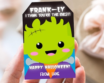 Halloween Gift Tags, Frankenstein Kid’s Halloween Favor Tag, Editable Canva Template, Instant Digital Download, Party Favor Tags