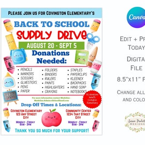 Editable School Supply Drive Flyer, Back to School Supplies Fundraiser Poster, Printable PTA PTO Flyer, Digital Download, Canva Template