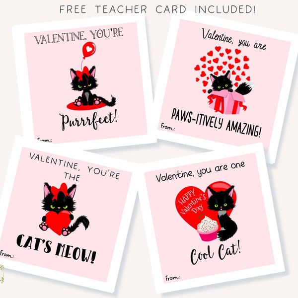 Black Cat Valentine Tags, PDF Printable Instant Download, Kitty Cat Valentine Card, Kids Class Exchange, Teacher Valentine Included