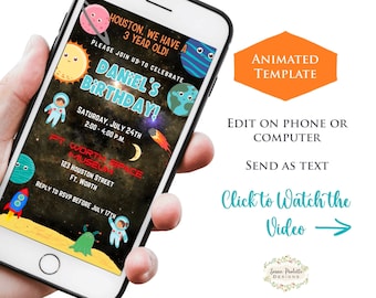 Animated Space Birthday Invitation, Outer Space Solar System Invite, Editable Astronaut Planet Theme Party, Digital Mobile Canva Template