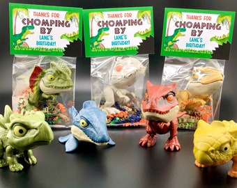 Könnte beinhalten: Fünf kleine Dinosaurierspielzeuge aus Plastik in einer durchsichtigen Plastiktüte mit einem grün-weißen Etikett, auf dem "Danke fürs Knabbern zum Geburtstag von Lane!" steht. Die Dinosaurier sind grün, blau, rot, weiß und gelb.