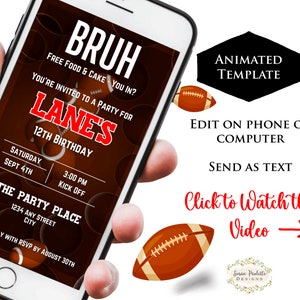 BRUH Birthday Party Invitation, Tween Teen Teenage Boys Football B-day Invite, Animated Digital Textable Invitation, Digital Download, Canva