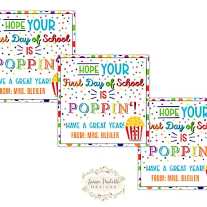 Back To School Popcorn Tags, Hope Your First Day of School is Poppin’, BTS Meet the Teacher Open House Gift Tag, Editable Canva Template