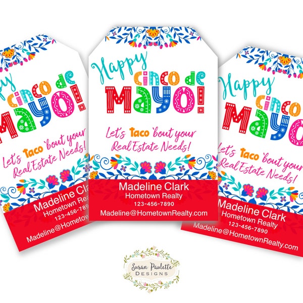 Happy Cinco de Mayo Editable Tags Pop By Tag Let’s TACO ‘bout your Real Estate Needs Mortgage Marketing Referral Business Digital Download