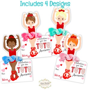 Set di 4 etichette per San Valentino con elastico per ballerina, stampabili, download digitali istantanei, biglietti di San Valentino per danza classica, regalo di San Valentino senza caramelle