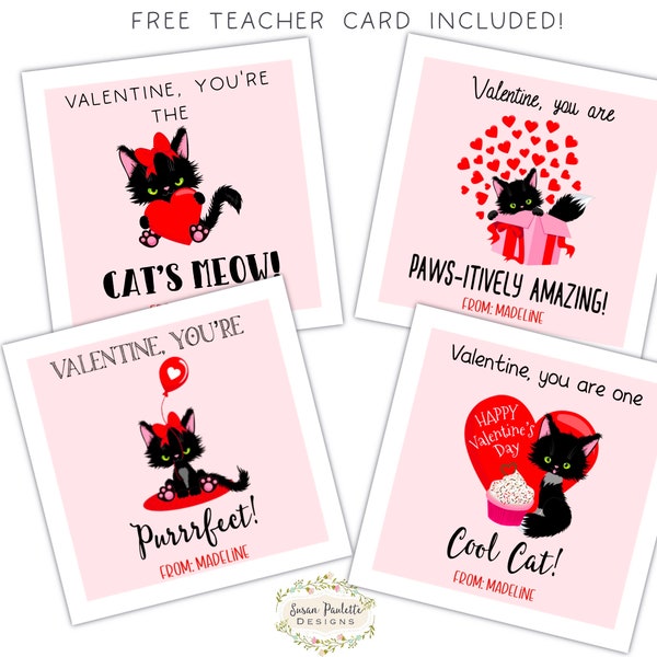 Editable Black Cat Valentine Treat Tags, Kids Classroom Exchange Valentine Cards, Cat Lover’s Tags, Canva Template