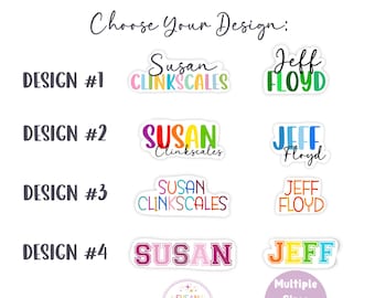 May include: Four different designs for personalized school supply labels. The designs feature colorful text with the names "Susan Clinkscales" and "Jeff Floyd". The text "Multiple Sizes Available" is also included.